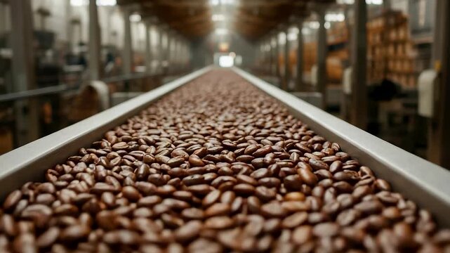 Conveyor Belt Loaded with Roasted Coffee Beans Moving Through Industrial Factory Facility