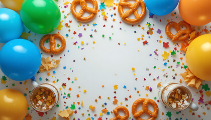 Colorful Birthday Party Celebration with Balloons Pretzels and Confetti on White Background