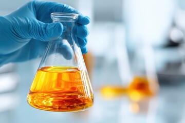 Hands in blue gloves holding glass flask filled with viscous, amber colored liquid. Laboratory setting. Pure bright white background. Medical research equipment. Tube for taking samples. Close-up