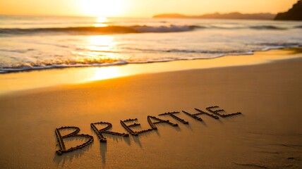 Word breathe written in sand on beach at sunset symbolizing calm and relaxation
