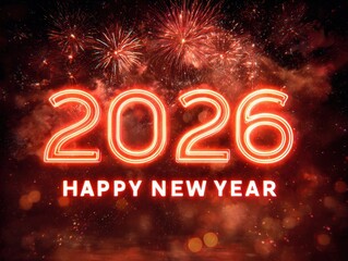 Happy new year 2026 with fireworks and glowing text
