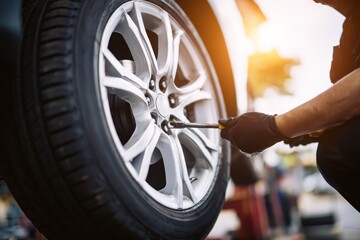 Fototapeta premium Workman Mechanic changing car wheel in service station using pneumatic wrench. Vehicle tire problems. Technician man holding new tyre for replacing. Garage background. Auto repair shop. Insurance