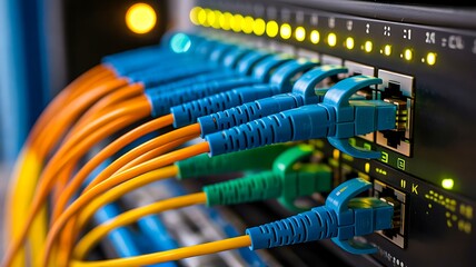 Network cables connected to data server in modern technology center
