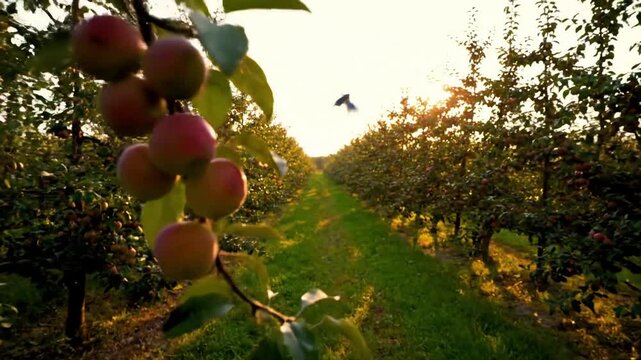 The gentle sway of fruit laden branches under a soft breeze, highlighting the natural abundance and cyclical growth within a vibrant orchard landscape.