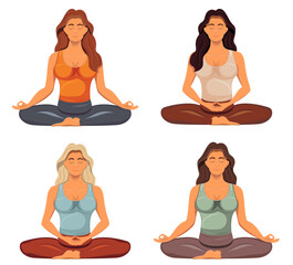 meditating young woman sitting in yoga pose cartoon stock vector illustration isolated on white background