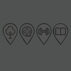 Fototapeta premium Set of four minimalist line art icons depicting diverse location types each enclosed within a distinct map pin shape for easy identification