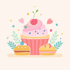 Sweet Delicious Cupcake Macarons Decorated With Leaves And Hearts In A Soft Pastel Background With Confetti