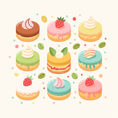 Collection Of Nine Sweet Pastries With Cream Frosting And Fruit Toppings In Various Colors On A Light Background