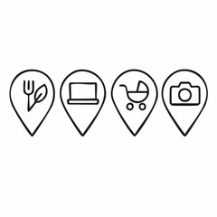 Set of four minimalist line art icons each enclosed within a map pin symbolizing distinct services or points of interest