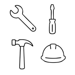 Set of four minimal line art icons depicting essential engineering tools and equipment perfect for technical diagrams and industrial design projects