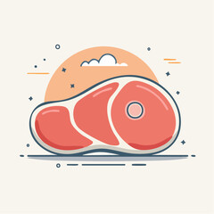 Raw Steak With Bone And Marbling Fat Against A Pale Orange Sunset Sky With Clouds And Stars And A Light Beige Background Minimalist Style