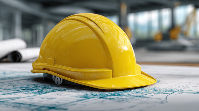 A yellow safety helmet rests on architectural plans in a construction site. This image depicts construction work