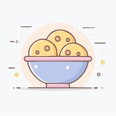 Yellow ice cream scoops in a pastel blue bowl with pink trim on a white background with sparse star accents