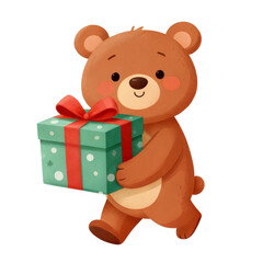 Fototapeta premium An adorable animated bear carrying a beautifully wrapped gift. Conveying the spirit of giving, joy, and the special feeling of receiving a present. 