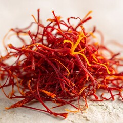Fototapeta premium Delicate hand pulled strand of saffron resting on a plain surface macro shot rich red color with orange stigma isolated on a plain off white background