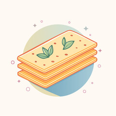 Pixel art illustration of a stack of lasagna with fresh basil leaves and red speckles on a pastel background with sparkling accents