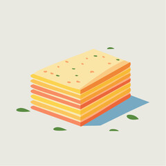 Geometric Pixel Art Lasagna Slice With Layers of Pasta Cheese and Sauce on Light Background and Green Garnish