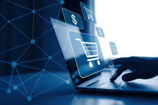 Laptop with online shopping icons and network connections - Powered by Adobe
