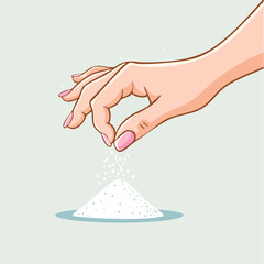 Close Up Of A womans Hand Sprinkling Salt On A Pile Of White Crystals Against A Light Blue Background