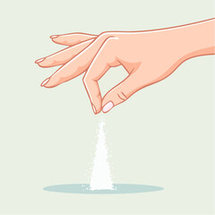 Close-up of a Fair-skinned Hand Sprinkling White Granules from Fingertips onto a Light-colored Surface with Subtle Blue Reflections Below