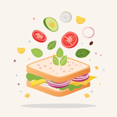 A Stacked Sandwich with Falling Ingredients Against a Light Background with Geometric Shapes
