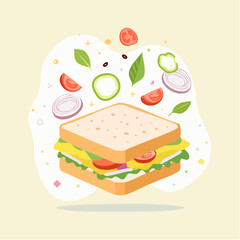 Delicious Stacked Sandwich With Fresh Ingredients Including Lettuce Tomato Onion and Cheese Floating Around a Light Yellow Background with Soft Abstract Shapes