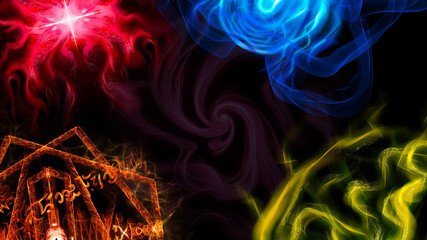 Different magic elements energy on black background, different life energies meeting, healing magic, life magic, destruction magic and electric magic