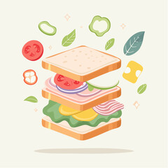 Pixel Art Style Delicious Sandwich With Ham Cheese Tomato Lettuce And Bacon Floating In Air With Green Pepper Slices And Leaves In Background