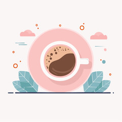 A Top View Of A Pink Coffee Cup Filled With Black Coffee And Cream Resting On A Saucer With Light Blue Leaves And Pink Clouds In The Background
