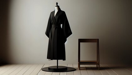 Elegant black kimono-style robe displayed on mannequin in softly lit minimalist interior. Modern Japanese-inspired fashion concept with warm neutral background and smooth shadow transitions.