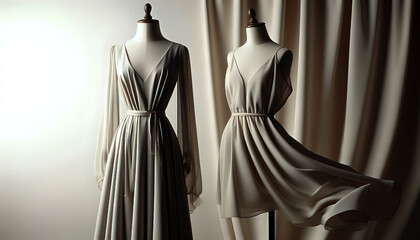 Two elegant beige chiffon dresses on mannequins in soft studio light. One long-sleeved, one sleeveless, gently flowing fabric creates a luxurious minimalist atmosphere with warm neutral tones.