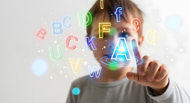 Young boy interacting with colorful glowing digital alphabet and numbers on a white background