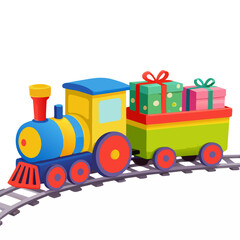 Naklejka premium A colorful train laden with wrapped gifts, travels along tracks, bringing joy and anticipation, perfect for themes of celebration and giving.