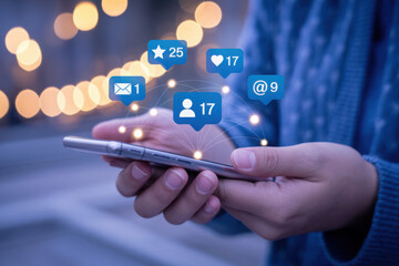 Person using smartphone with social media notification bubbles