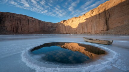 Frozen Oasis Reflects Dramatic Canyon Sky and Ancient Boat