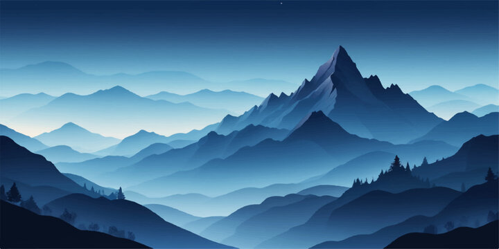 Vector landscape blue mountain ranges under a glowing dawn light, snow representing peace and new beginnings.