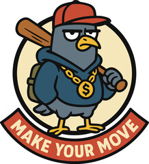 A confident, street-smart pigeon, embodies the spirit of action, exuding a sense of confidence and readiness with a baseball bat. The words MAKE YOUR MOVE symbolize determination.