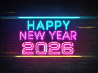 Happy new year 2026 neon sign on a brick wall background