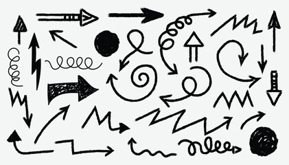 Colorful hand drawn arrow doodle set. Crayon and chalk marker curved lines, swirl pointers, and direction sketch icons. Fun childish vector illustration.