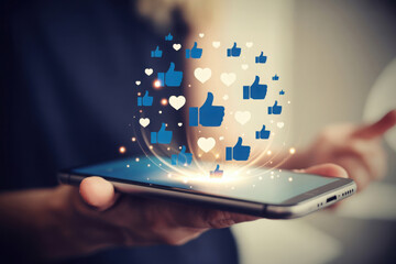 Smartphone displaying social media likes and hearts with glowing effect