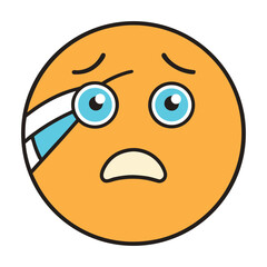 A cute sick emoticon with droopy eyes, a frown, flushed cheeks, and a thermometer in its mouth, perfectly showing feeling unwell or under the weather.
