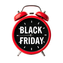 Red alarm clock with black friday text isolated on transparent background.