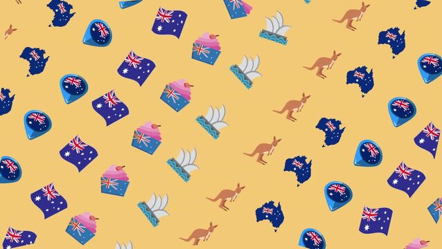 Seamless pattern of Australia Day elements flags, kangaroos, cupcakes, and map on yellow background. Festive national holiday concept.