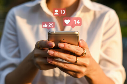 Woman's hands holding smartphone with social media notifications