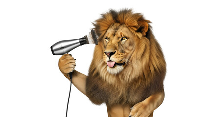 Hilarious lion drying his mane with a blow dryer and sticking his tongue out, a funny animal portrait conveying humor and lightheartedness with a touch of absurdity