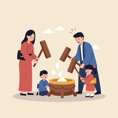 A family, dressed in traditional attire, pounds rice together. Two adults and two children are involved