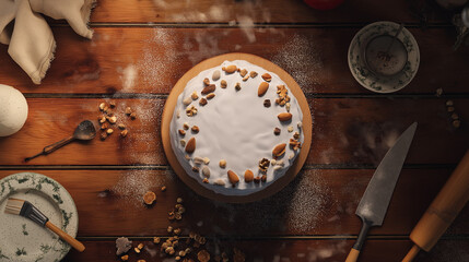 Delectable Delight: A top-down view captures a freshly baked, frosted cake adorned with nuts, set upon a wooden table surrounded by baking essentials.
