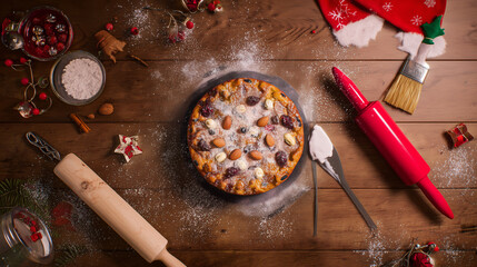 Festive Pastry Delight: A holiday pastry adorned with nuts and dried fruits sits amidst baking essentials, creating a scene of warmth and culinary creativity.