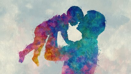 A colorful silhouette of a parent lifting a child, symbolizing love and joy in a playful moment.