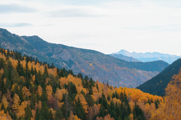 Paisajes otoñales del Parque Nacional de Aigüestortes i Estany de Sant Maurici, mostrando las dos...